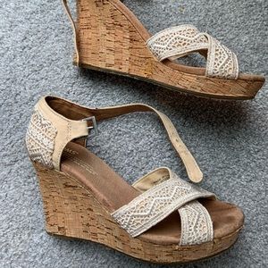 TOMS wedges white lace with cork heel